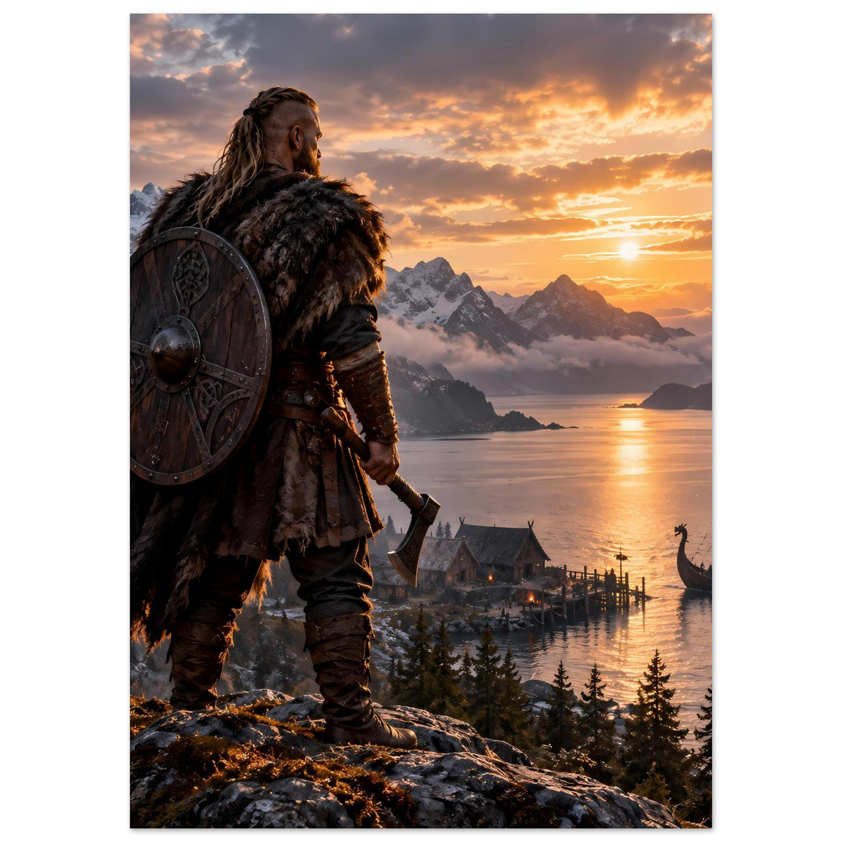 Wikinger-Poster: Rundschild-Krieger vor Fjord, Berge und Abendhimmel