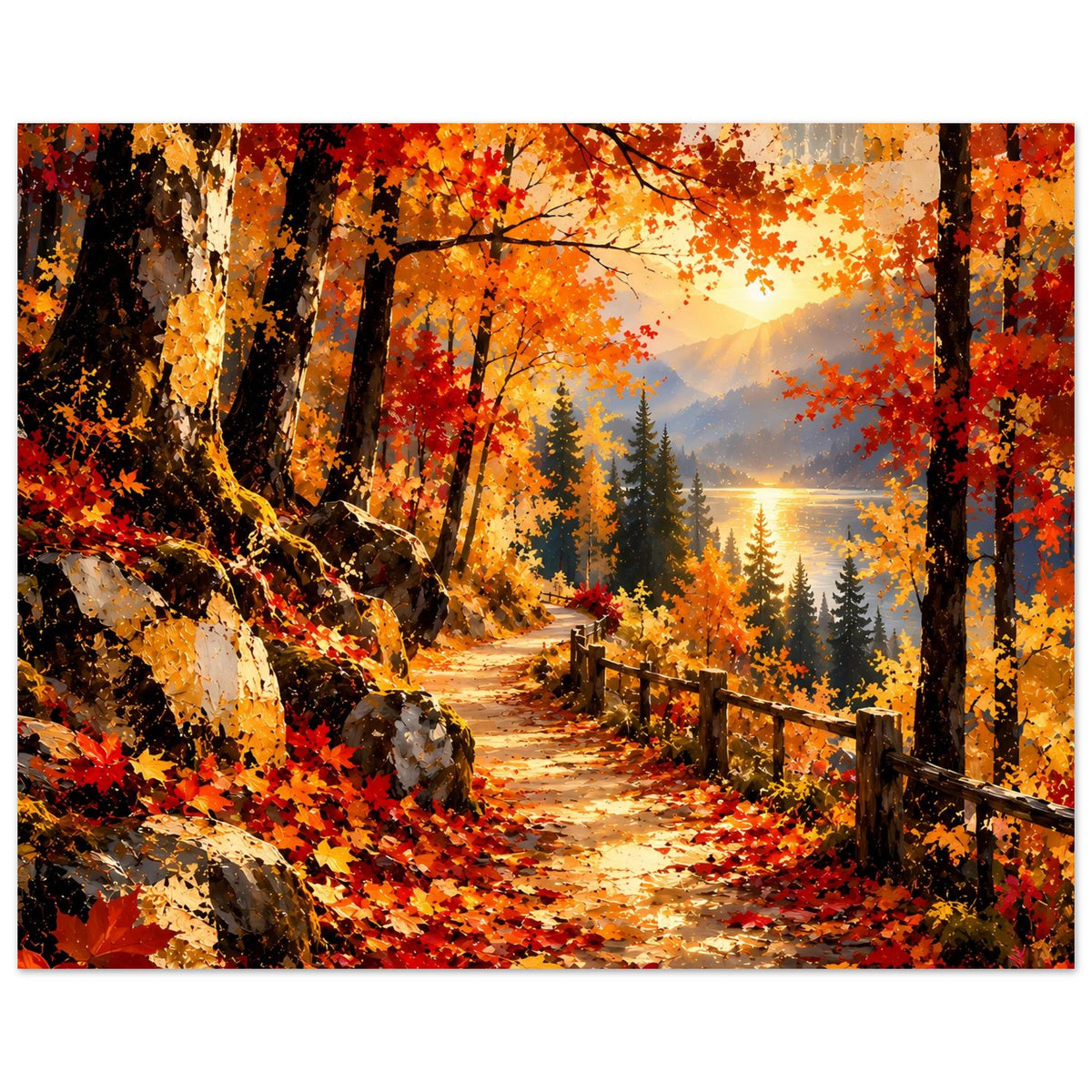 Querformat-Poster: Waldweg im bunten Herbst, Holzzaun rechts, hohe Nadelbäume im Hintergrund