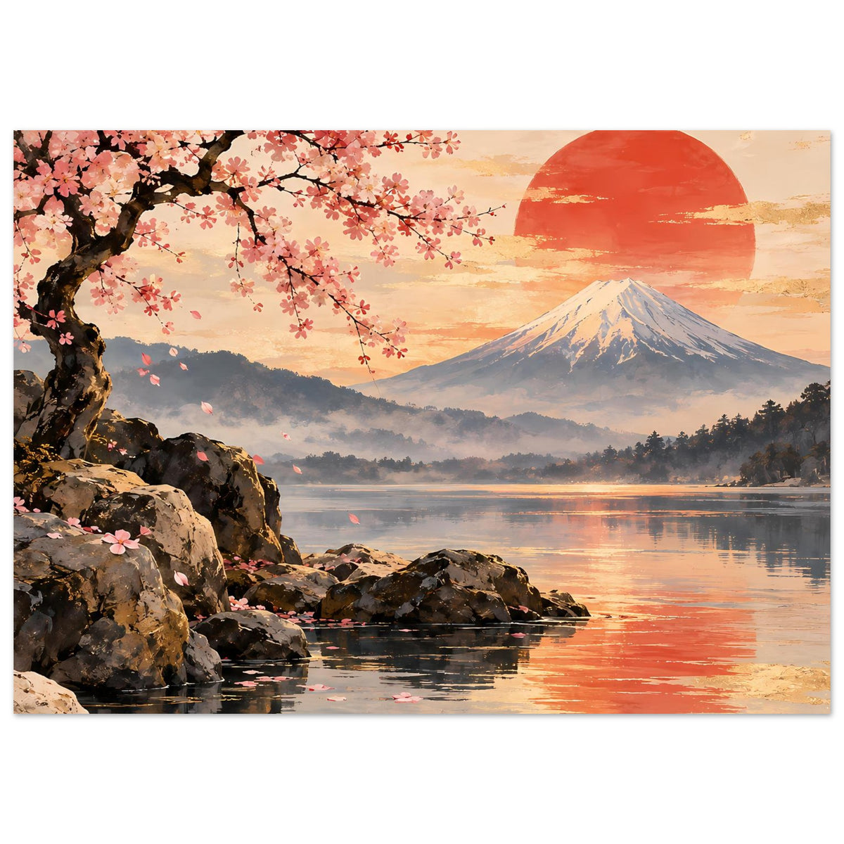 Poster im Querformat mit Kirschblüten an linkem Ast, Fuji und roter Sonne über See