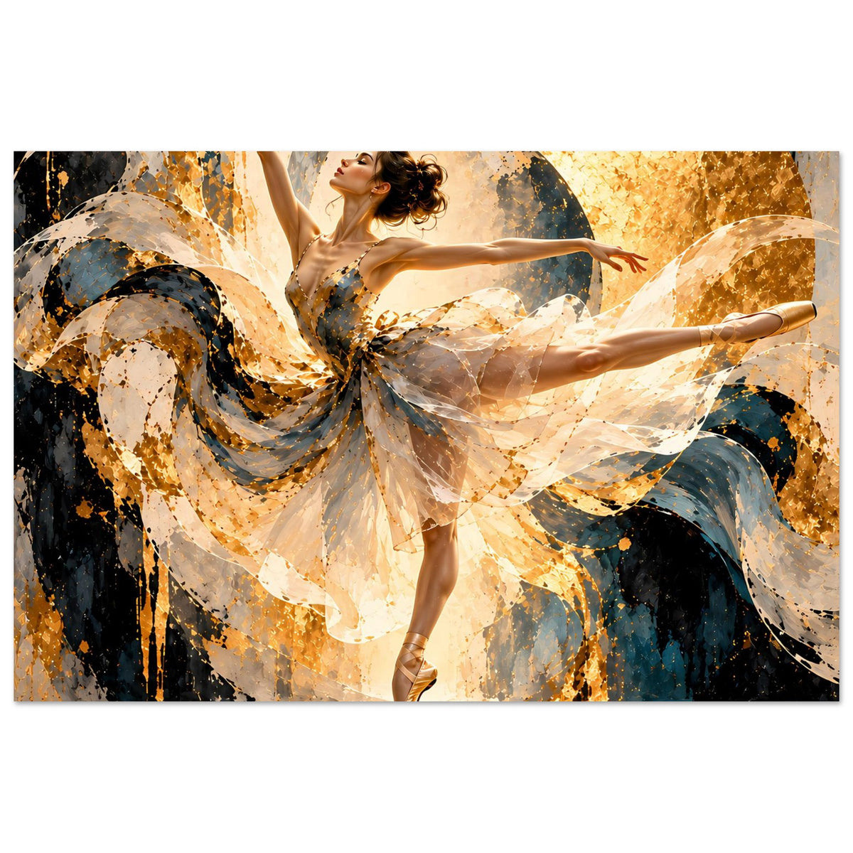 Ballettposter: Ballerina in hellem beigen Kleid, goldene Sprenkel, abstrakte Farbflächen