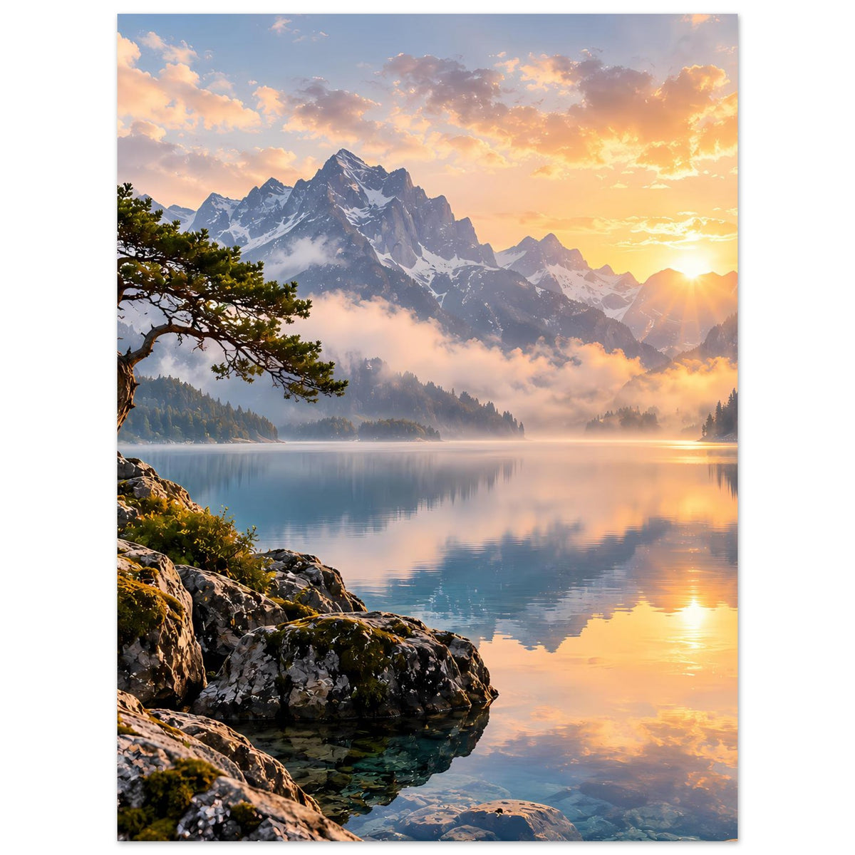 Poster im Hochformat: Sonnenaufgang über Bergtal, ruhiger See und felsiges Ufer