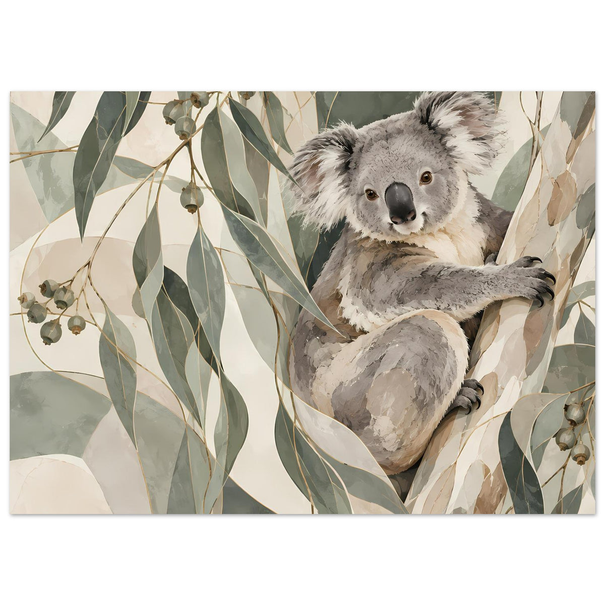 Gerahmtes Poster mit Koala-Porträt und Eukalyptuszweigen, Panoramaansicht