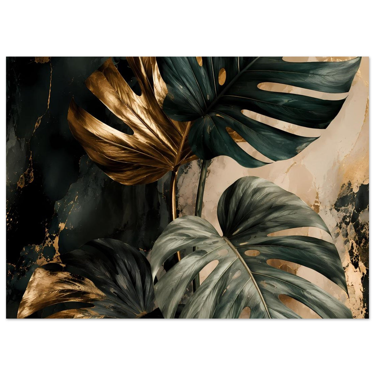 Poster mit Monstera-Blättern in dunkelgrün, goldene Akzente und helle Blattstreifen.