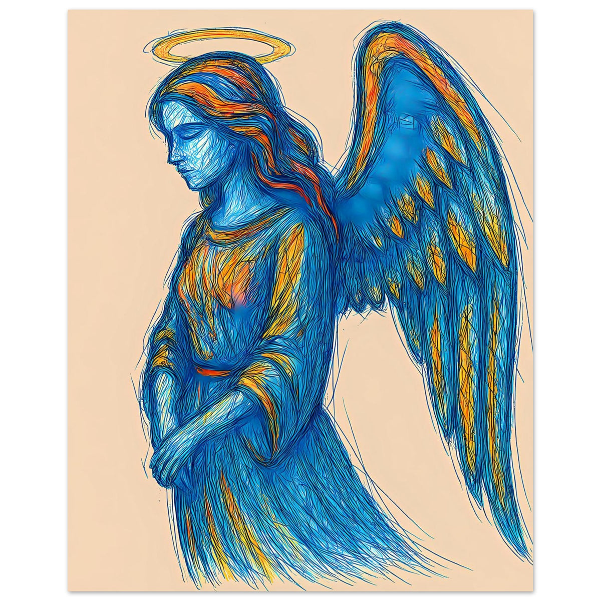 Engelsposter mit blau-goldener Heiligenschein-Illustration, Flügel und gekreuzte Hände