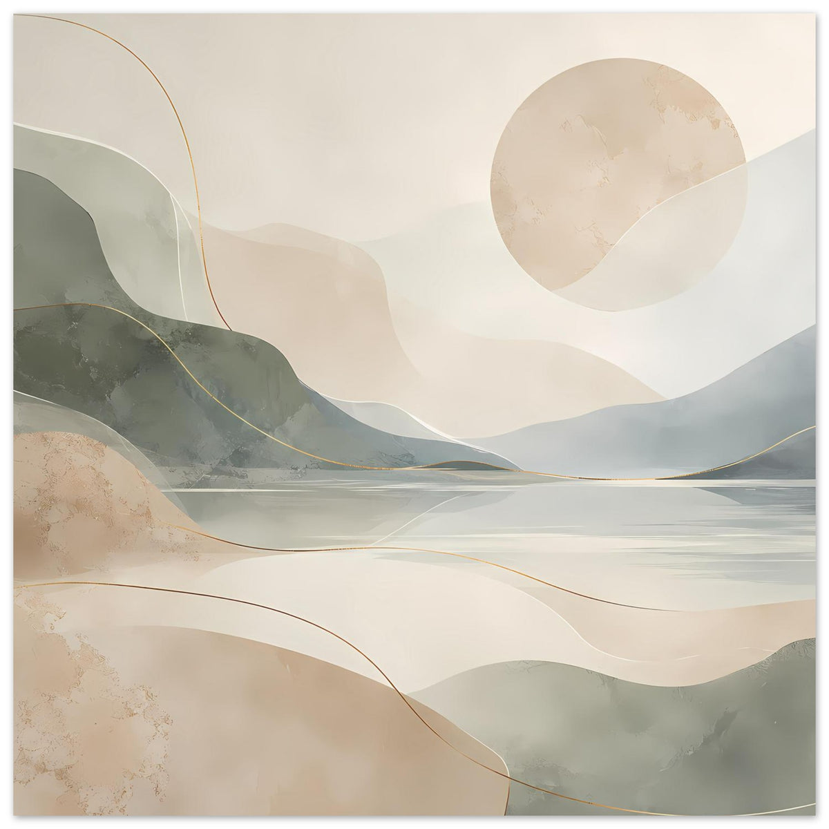 Abstraktes Poster mit Kreisform am Himmel, Bergen und See in Beige; goldene Konturen