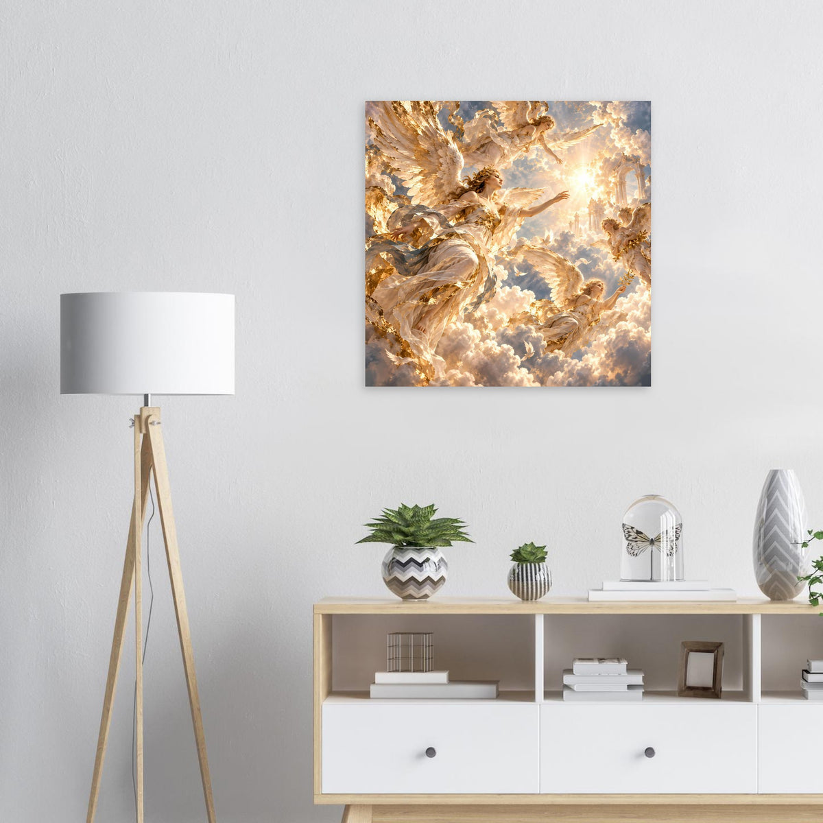 Quadratisches Premium-Mattposter mit goldenen Engelsfiguren und Wolken