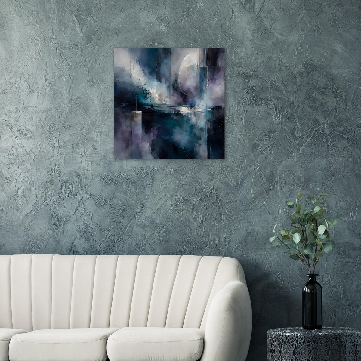 Abstraktes Kunstposter mit kühlen Blau- und Violetttönen, teils verschwommenen Formen