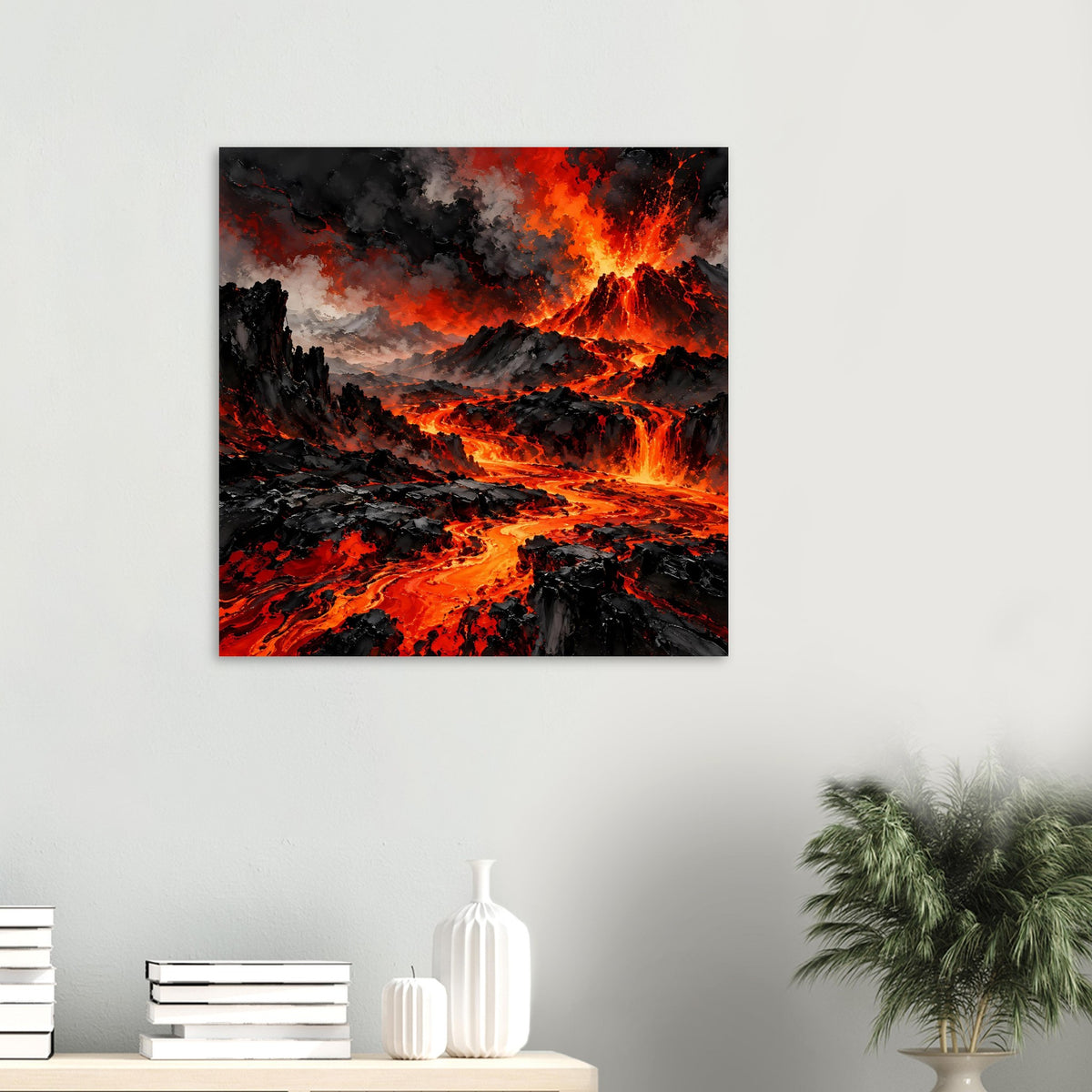 Quadratisches Vulkan-Ausbruch-Poster mit Lavafluss im Vordergrund und Feuerfackeln über dunklen Bergen