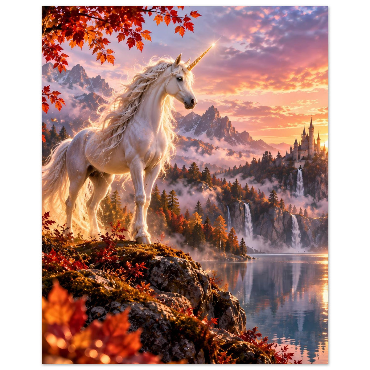 Einhorn-Fantasyposter, weißes Einhorn auf Felsen, Schloss und Nebel im Hintergrund