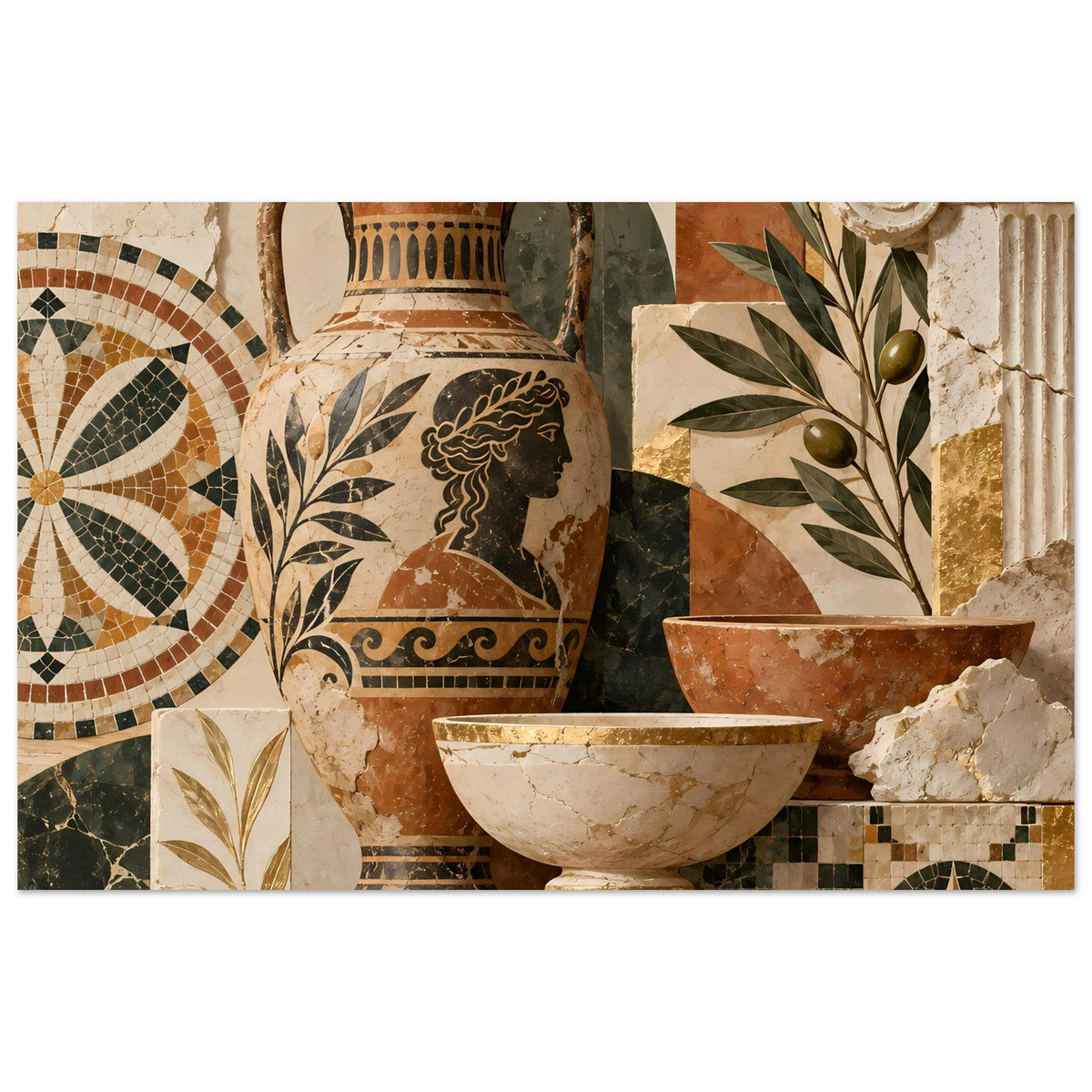 Horizontales Poster mit mediterranem Mosaik: Amphore, Schalen und Olivenzweig.