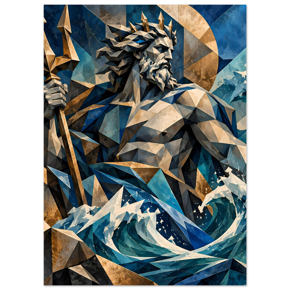 Geometrisches Poseidon-Poster: Dreizack im Vordergrund, Ozeanblau mit Goldakzenten