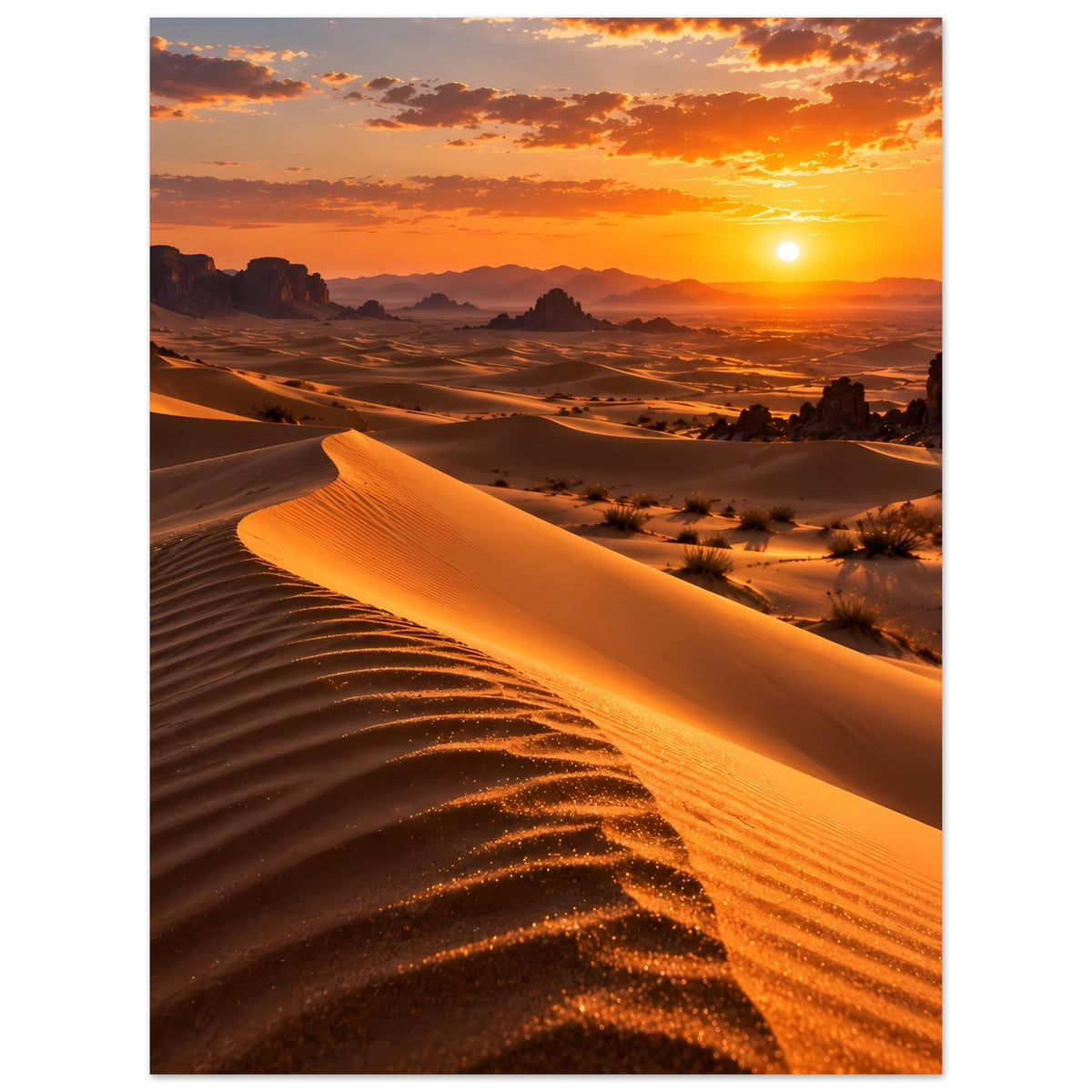 Wüstenlandschaft-Poster mit goldener Düne und Sonnenuntergang über Sandwüste