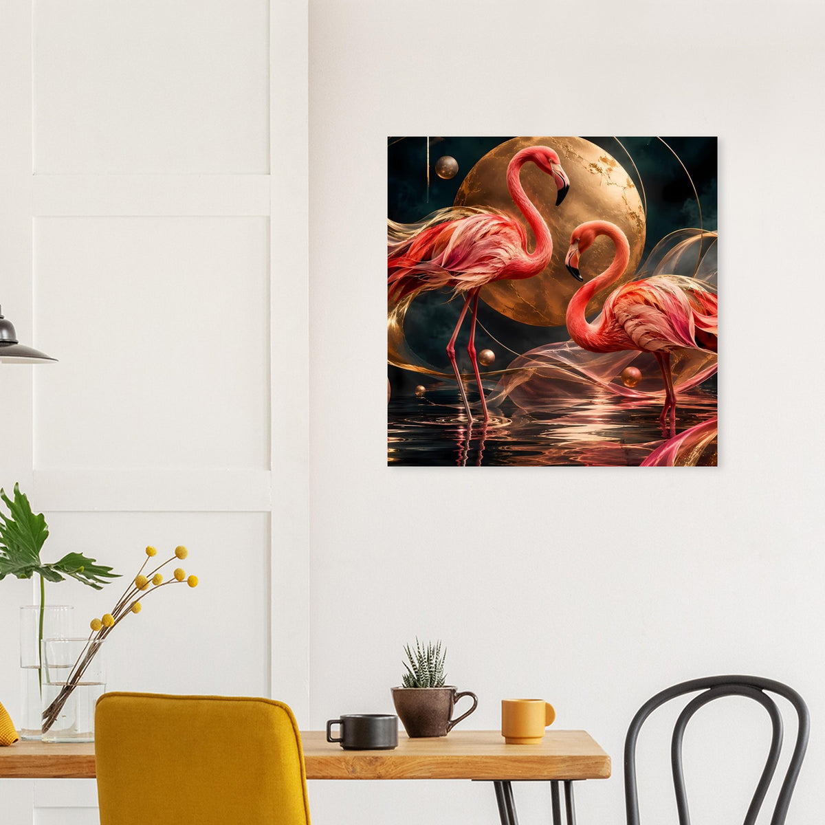 Kunstposter in Wohnraum: zwei rosa Flamingos, goldene Mondkugel und Reflexionen im Wasser