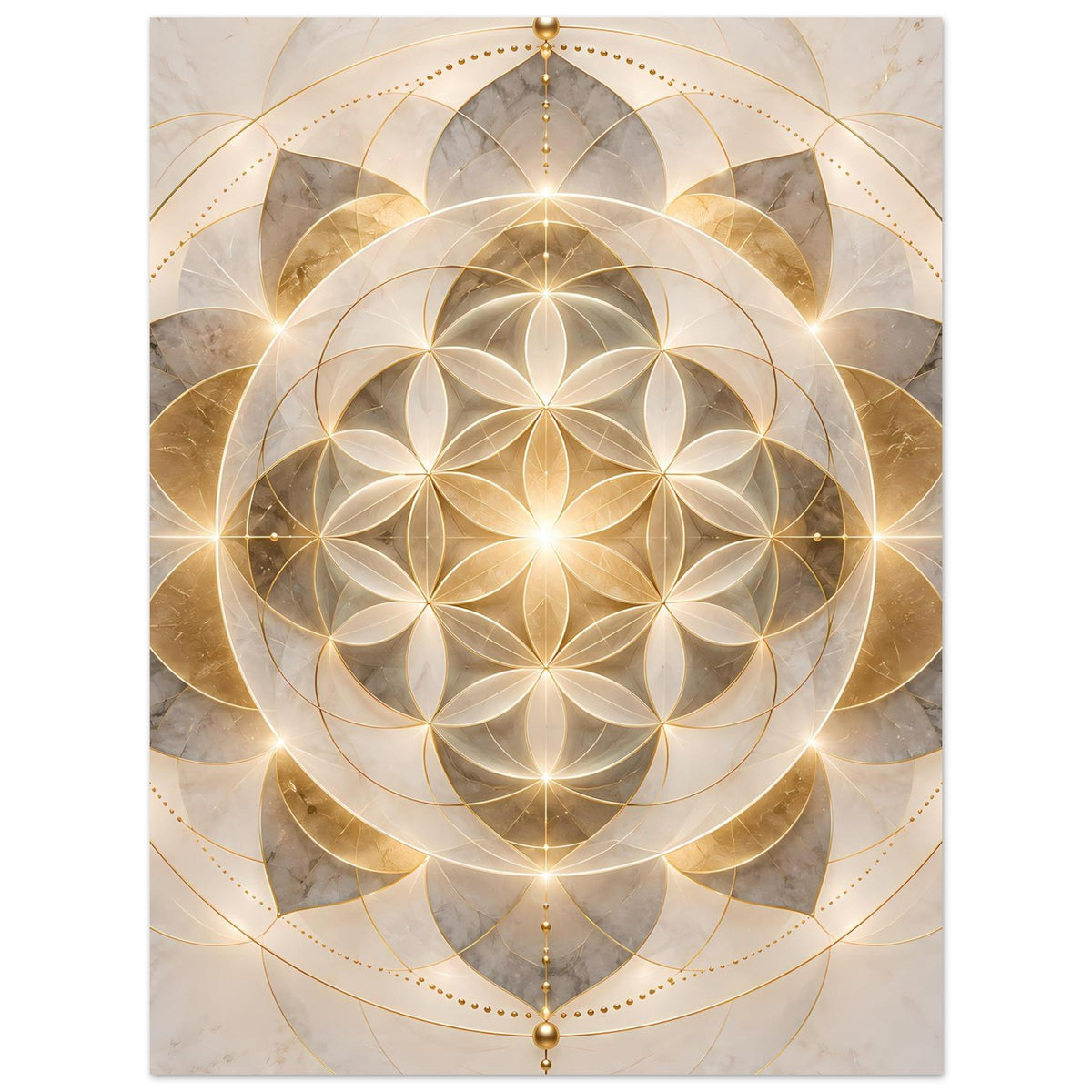 Goldenes Mandala-Poster mit symmetrischem Ornamentkreis und goldenem Leuchteffekt