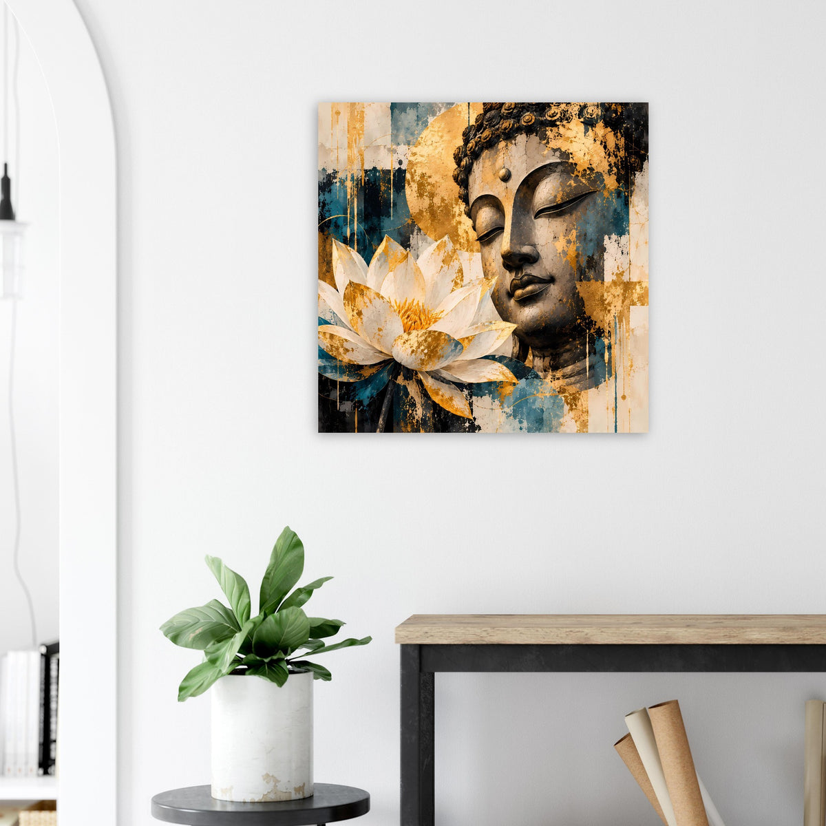 Quadratisches Wandbild mit Buddha-Porträt, Lotusblüte und gold-türkisfarbenem Stil