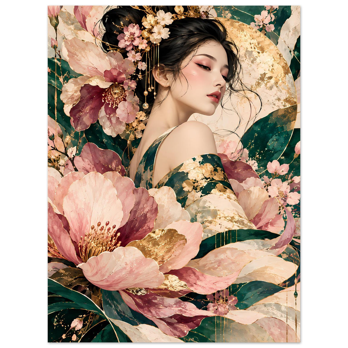 Elegantes Poster mit Frau und Blüten in Rosé, Grün und Gold