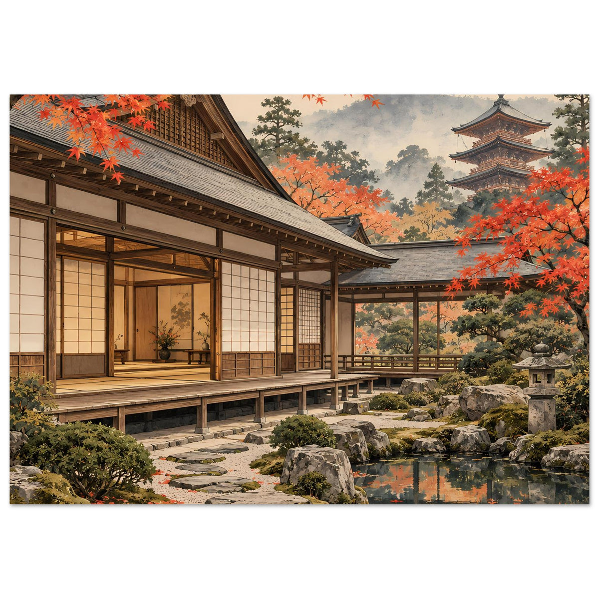 Querformat-Poster mit japanischem Herbstgarten: Holzhaus, Teich und leuchtendes Ahornlaub