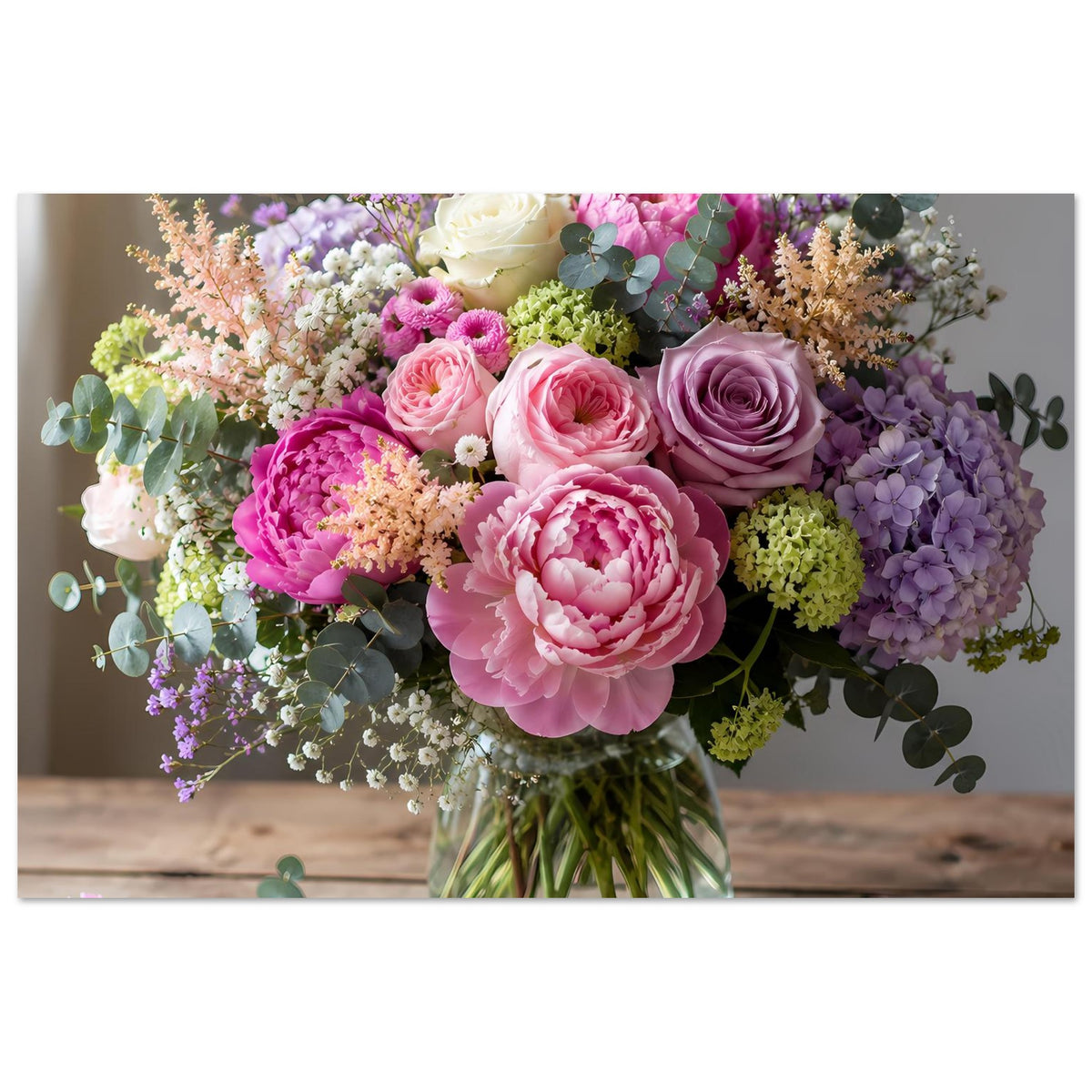 Blumenposter mit Pastellblumenstrauß in Vase, rosa und lila Blüten klar erkennbar
