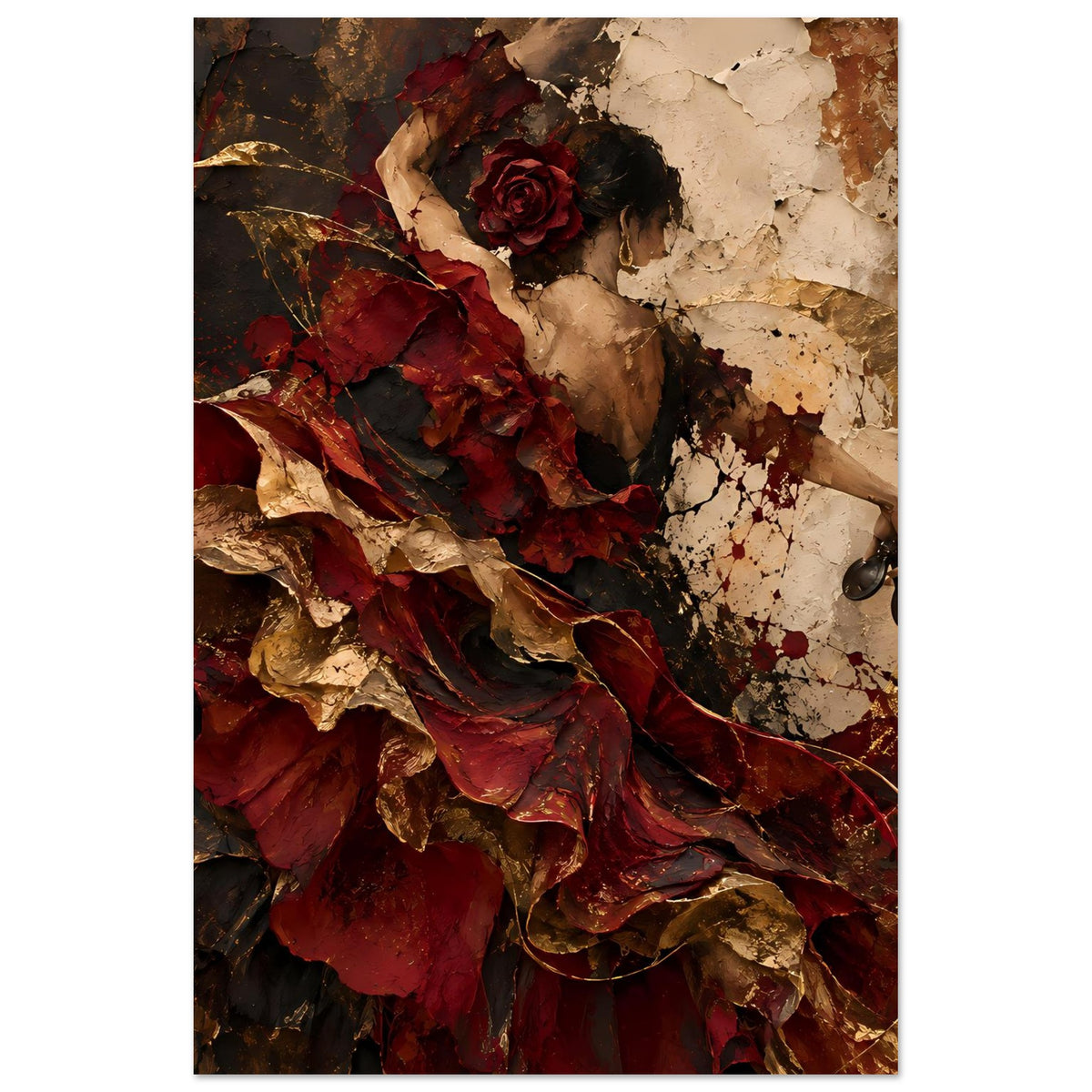 Wandkunst-Poster: abstrakte Flamenco-Tänzerin im Profil, rote Blumenrosette, dramatisches Gewand