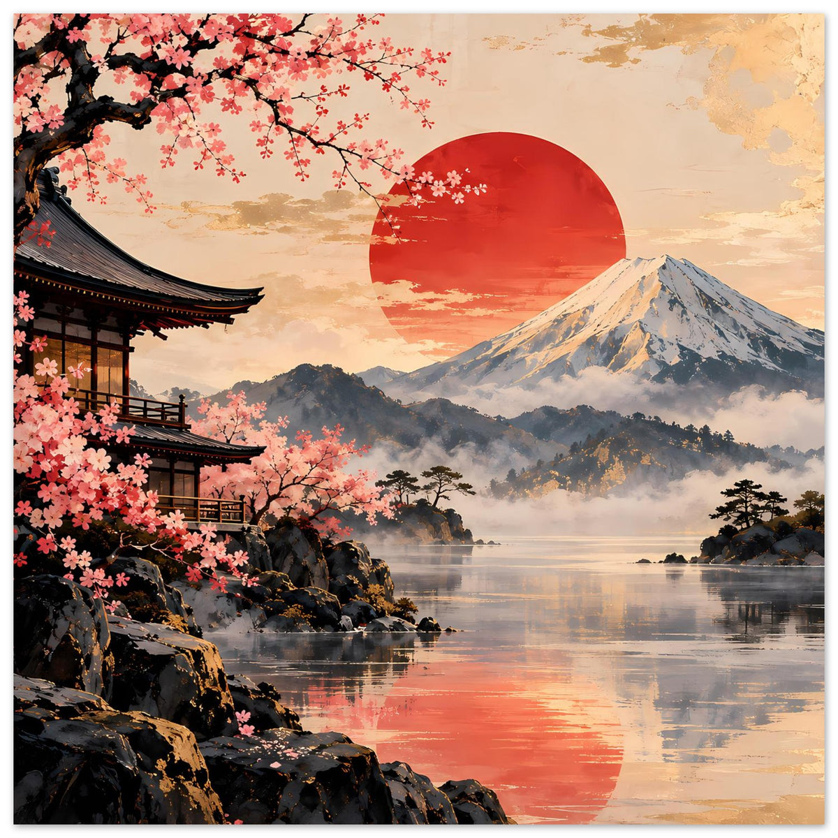 Zen-Serenity-Poster: Kirschblüten über Landschaft, Pagode links, Fuji und roter Sonnenkreis