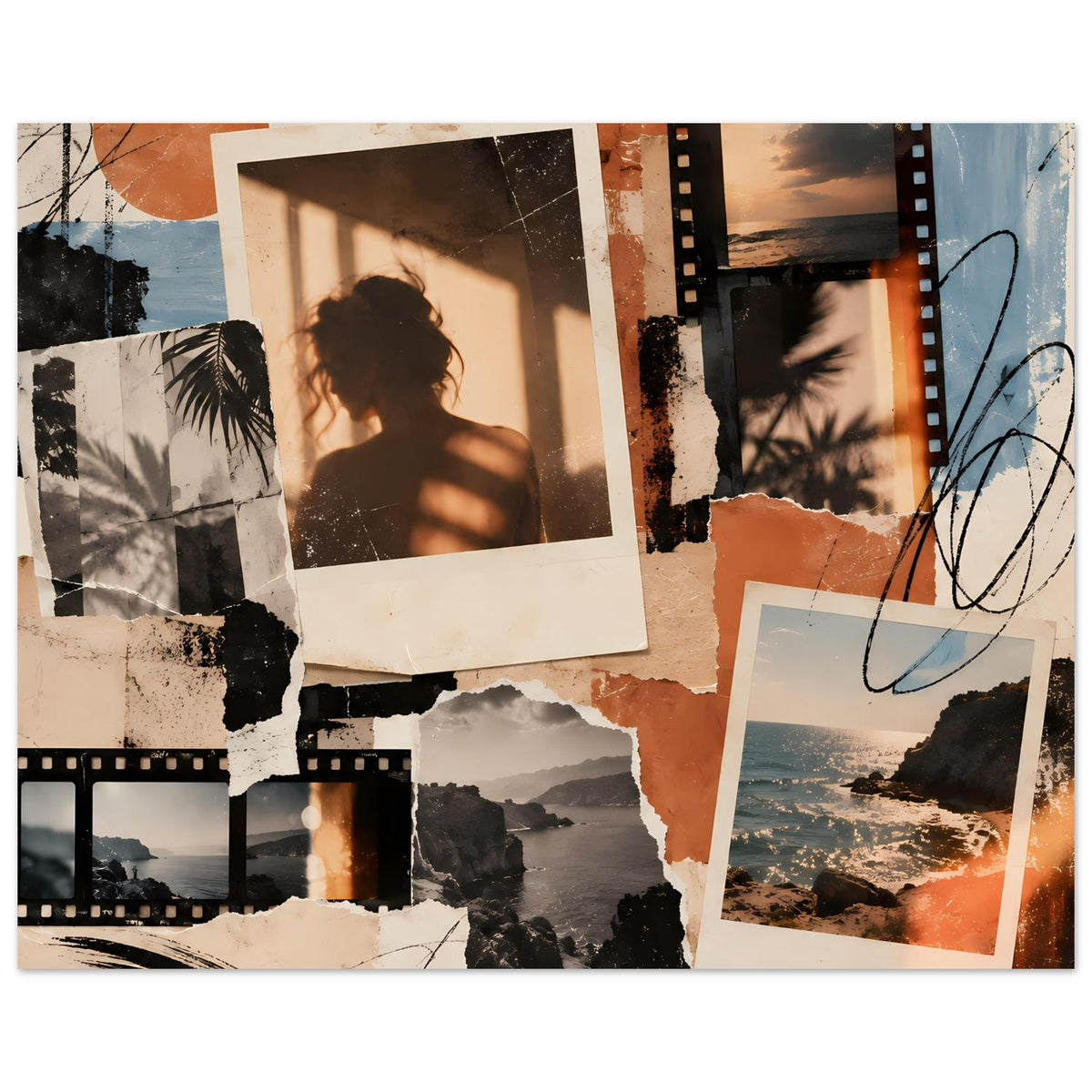 Breites Collage-Poster mit Polaroid-Fotos, Filmstreifen, Meerlandschaft und orangefarbenen Flächen