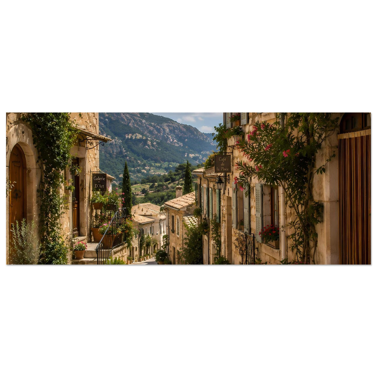 Breites Poster mit mediterraner Gasse und Bergblick, Pflanzkübel an den Seiten