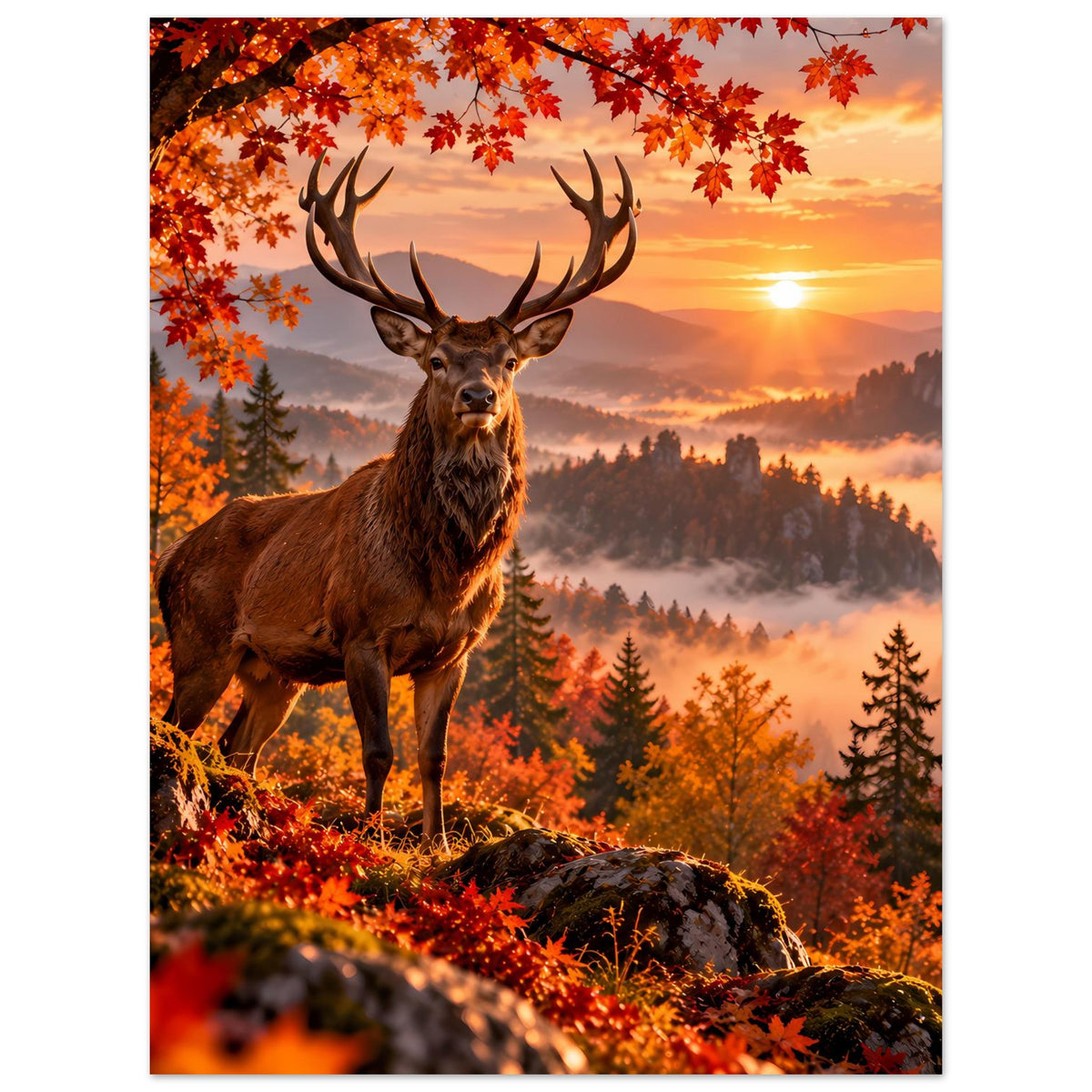 Hirsch-Poster: Geweihhirsch im Herbstwald, orangefarbene Blätter und Sonnenuntergang, vertikal