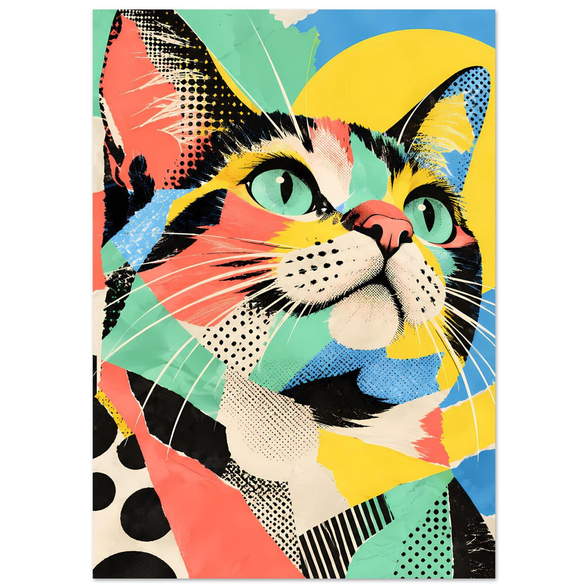 Pop-Art-Katzenposter mit großem Katzenkopf und grafischem Muster, Hochformat