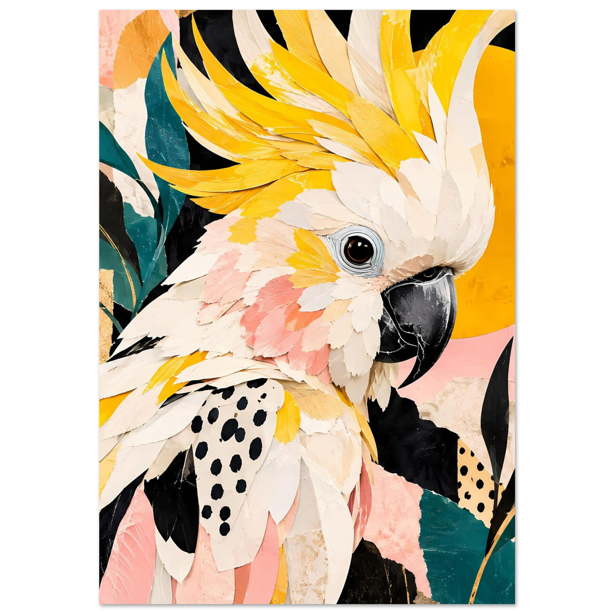 Vogelkunst-Poster mit Kakadu-Porträt, weiß-creme Federn, rosane Blütenfedern und schwarzer Schnabelpartie