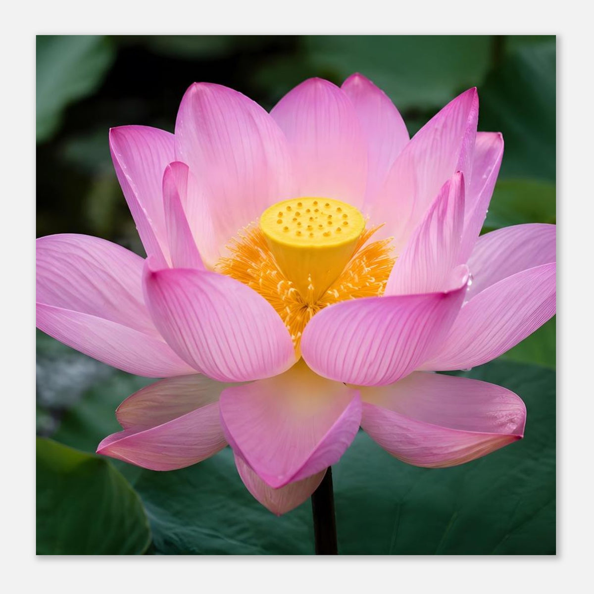 Gerahmtes Lotusblüten-Poster: rosa Blüte mit gelbem Staubgefäß