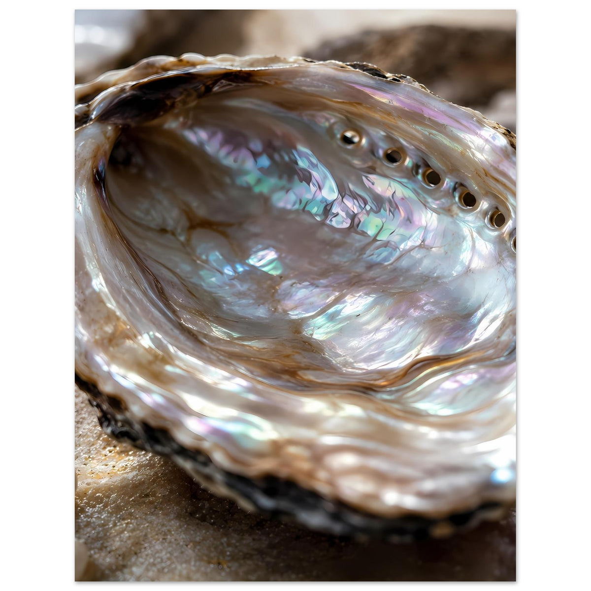 Abalone-Muschel mit schillernder Perlmutschale, Öffnungen und violettem Schimmer