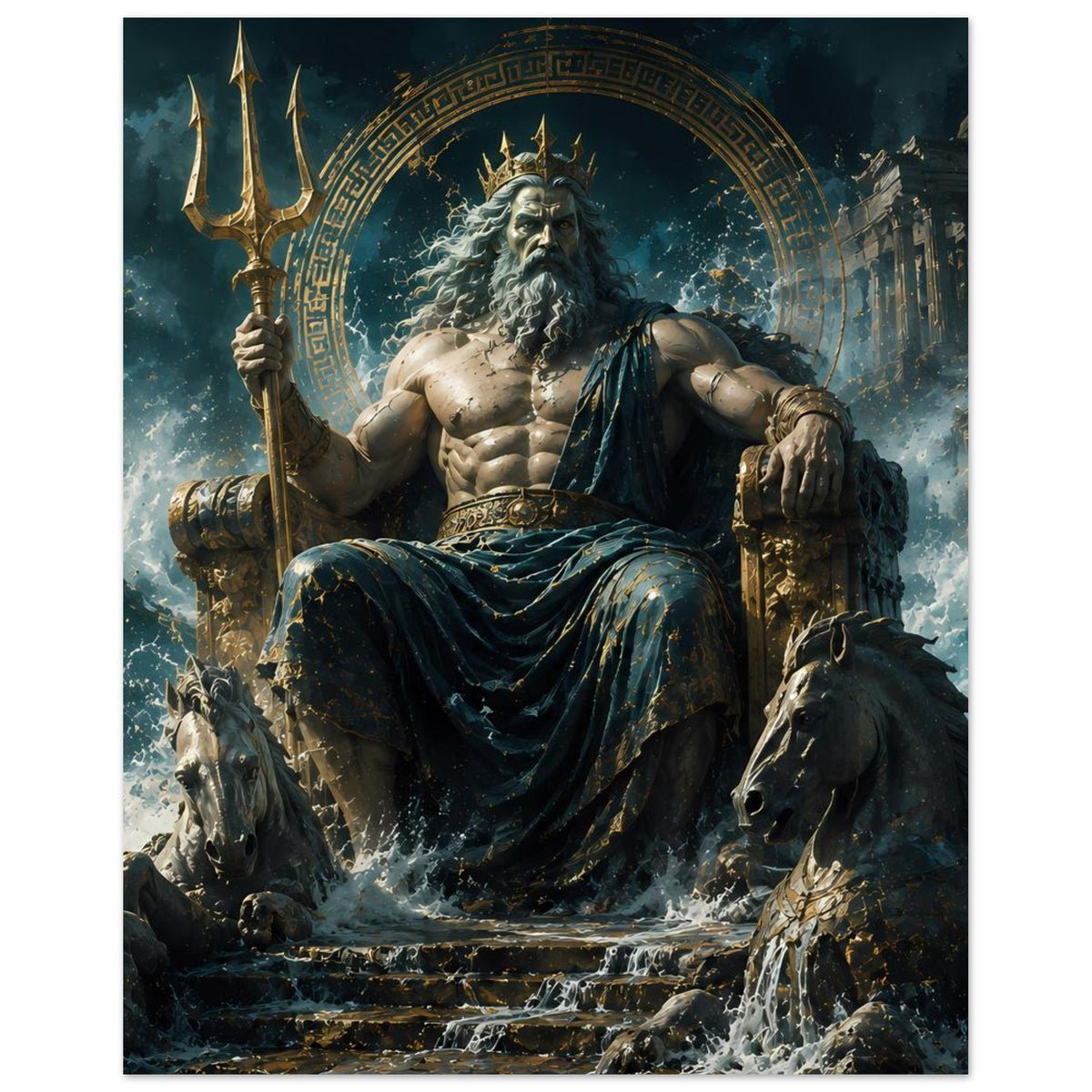 Poster: Meeresgott Poseidon auf Thron mit Dreizack, bogenförmiges Emblem im Hintergrund