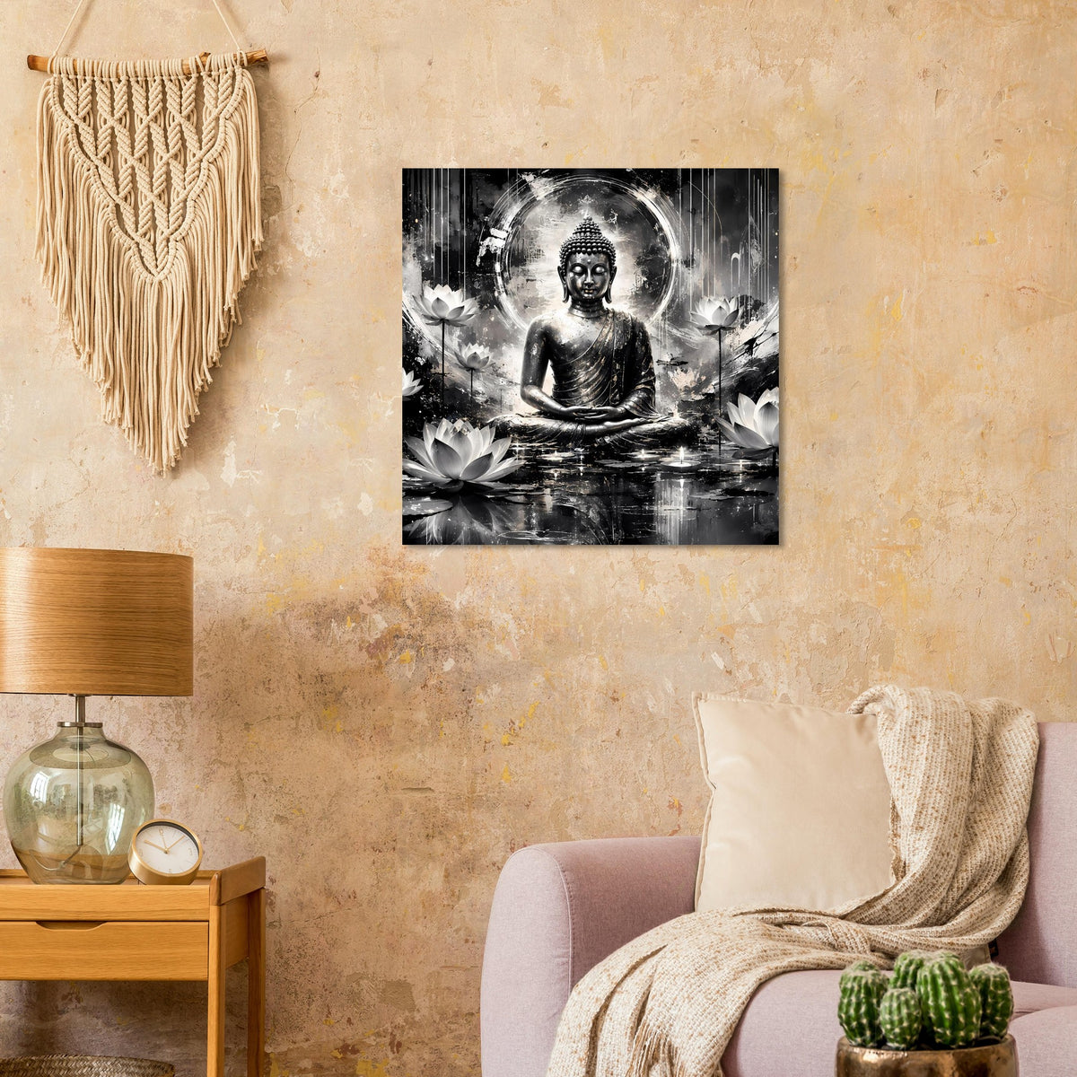 Kunstposter mit Buddha-Figur, schwarz-weiß, ruhige Sitzhaltung und Wasserreflexion