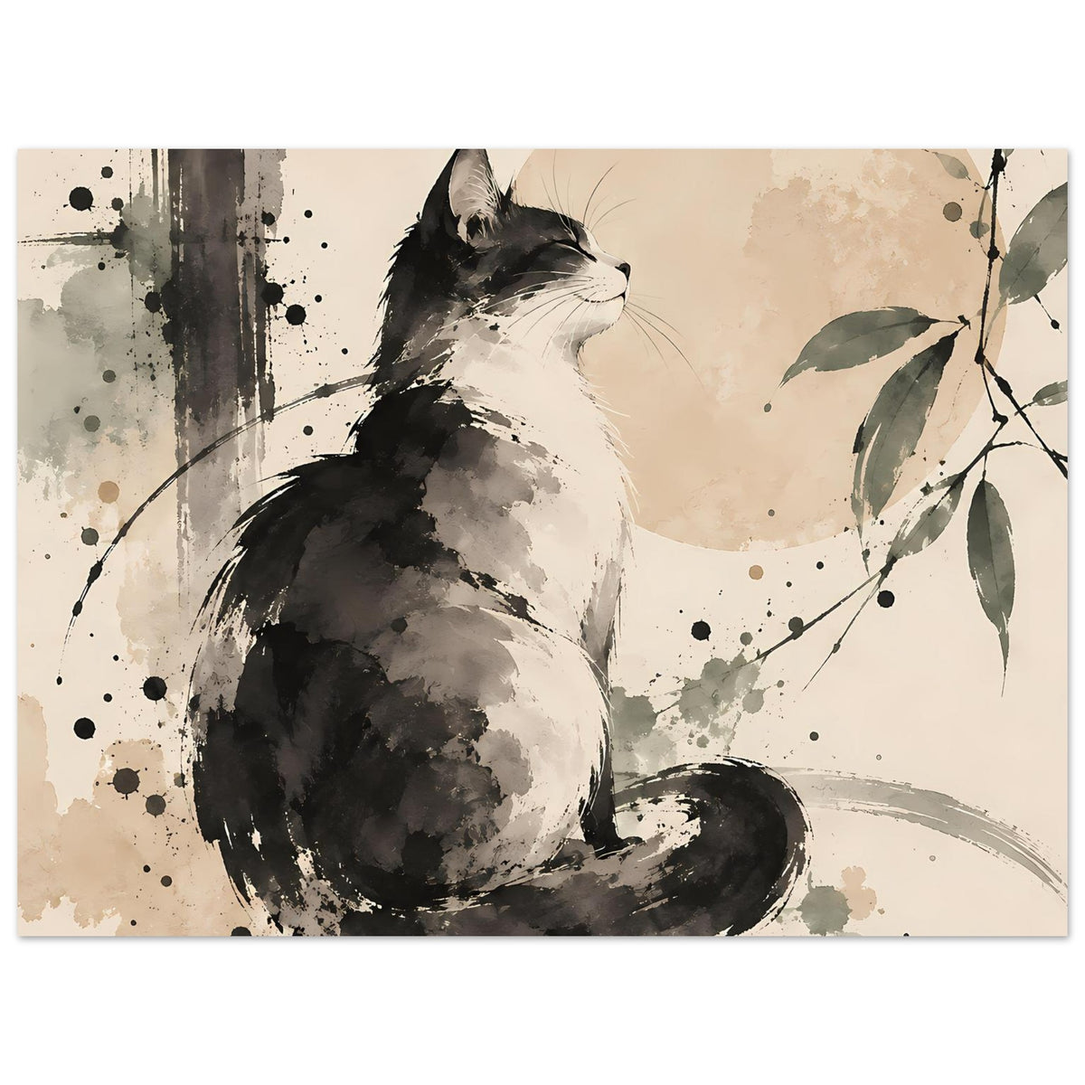 Poster im Querformat mit sitzender Katze, Schwarz-Grau Aquarellspritzer und Blätter