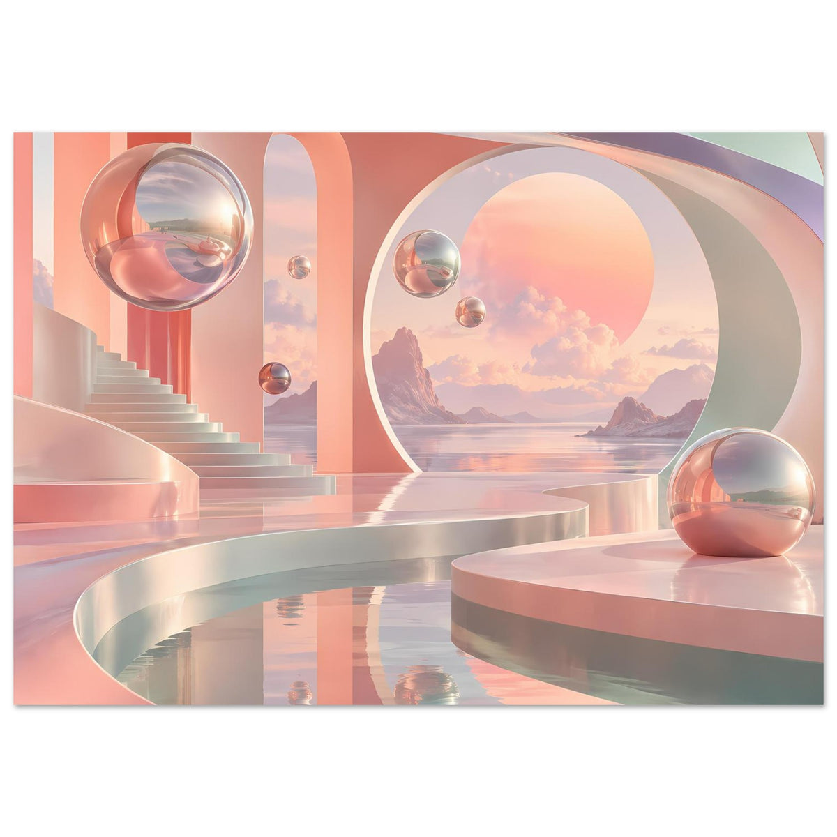 Surrealistisches Pastell-Landschafts-Poster mit reflektierenden Kugeln und geschwungenen Stufen