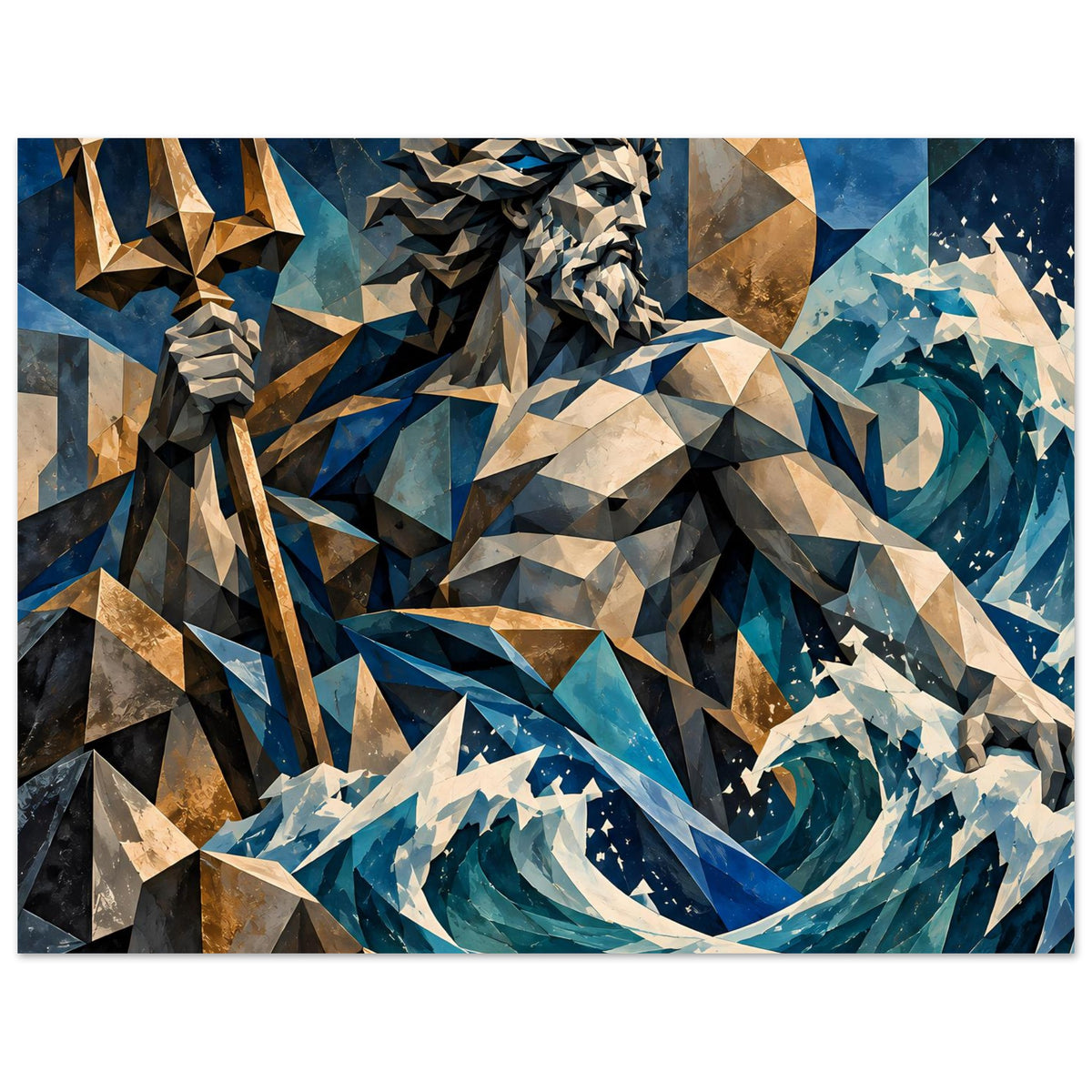 Geometrisches Poseidon-Poster, zentrierte Poseidonfigur mit Wellen in Ozeanblau und Gold