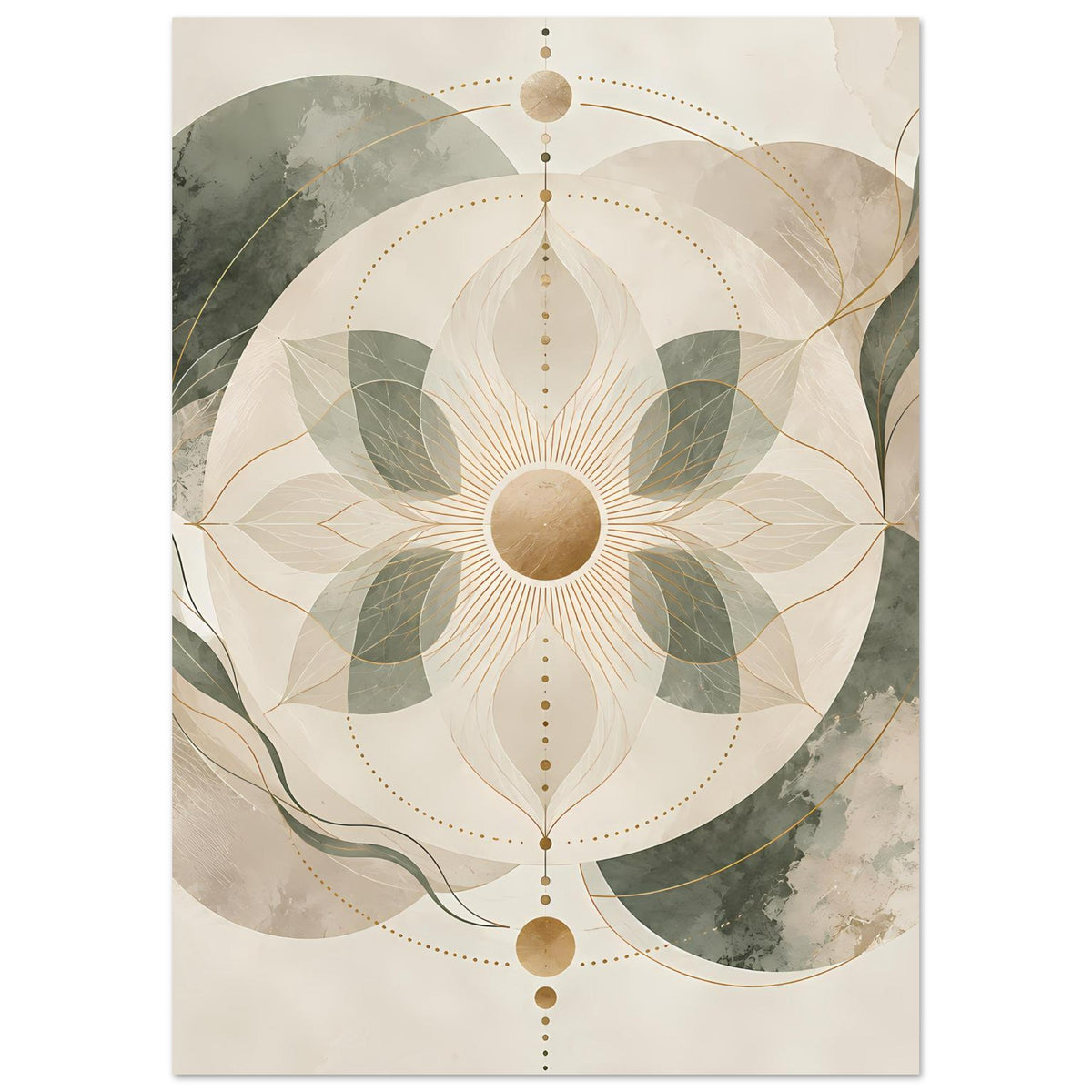 Zen-Poster im Hochformat mit Mandala: beige Fläche, grüne Blätter, goldene Kreislinien