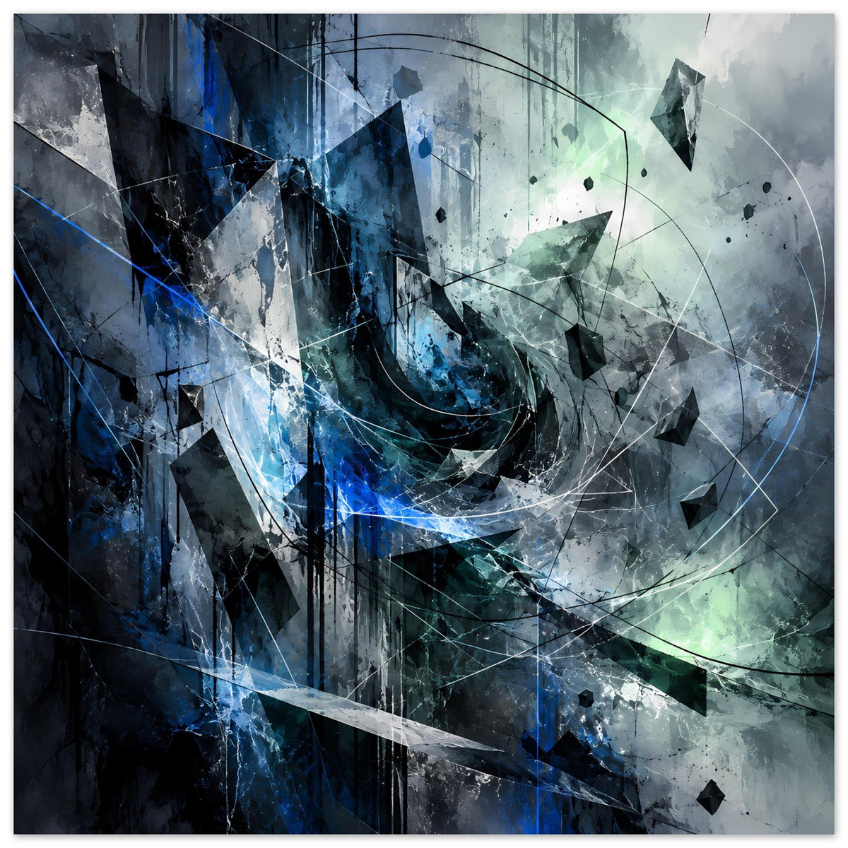 Abstraktes Kunstposter mit blau-grünen Farbflächen, Drahtkreis und spitzen Fragmenten
