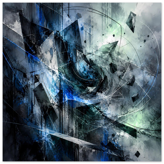 Abstraktes Kunstposter mit blau-grünen Farbflächen, Drahtkreis und spitzen Fragmenten