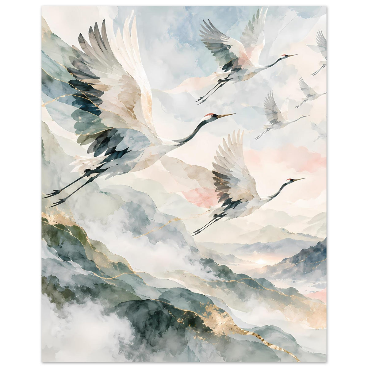 Vertikales Poster mit mehreren fliegenden Kranichen in zarten Aquarellfarben