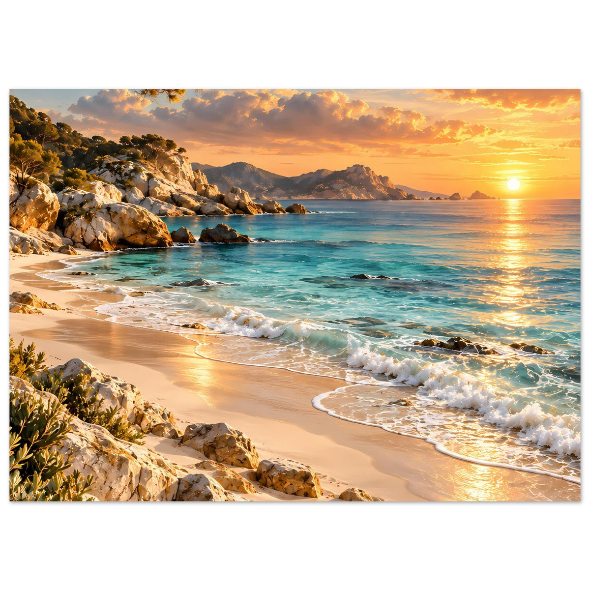 Querformat-Strandposter mit Sonnenuntergang, Felsenküste und schäumenden Wellen am Strand