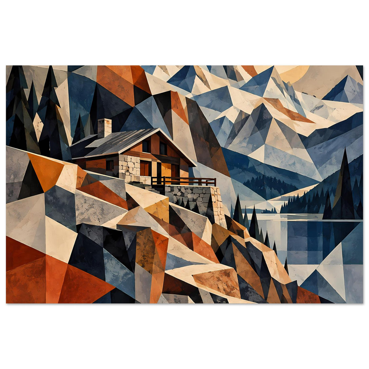 Horizontales Poster mit Haus und geometrischen Bergformen, Blauschattierungen, Rostrot, Beige und Grau