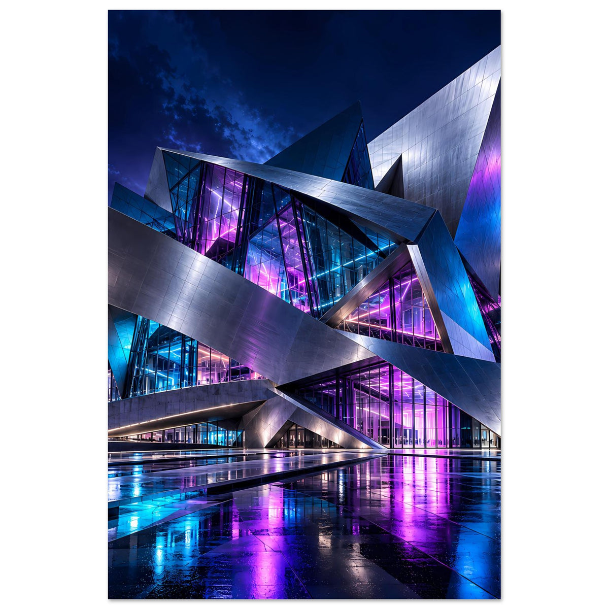 Futuristisches Architekturposter im Hochformat: futuristische Architektur mit Blau- und Violettschein