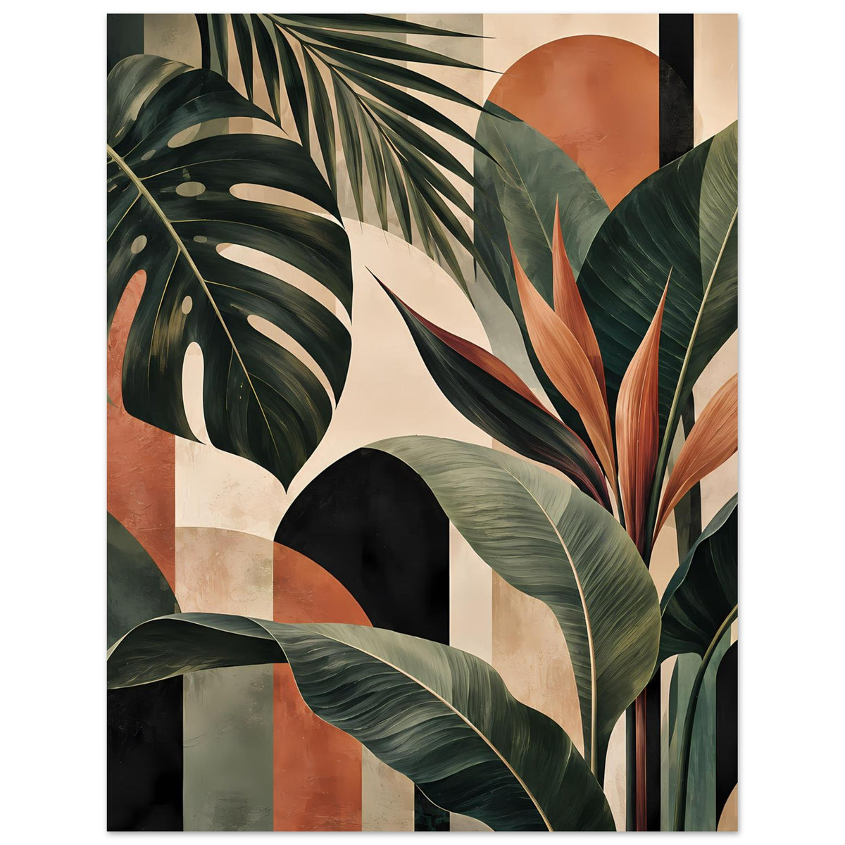 Botanisches Poster mit überlappenden Dschungelpflanzenblättern in Dunkelgrün, Orange und Beige, gerahmt