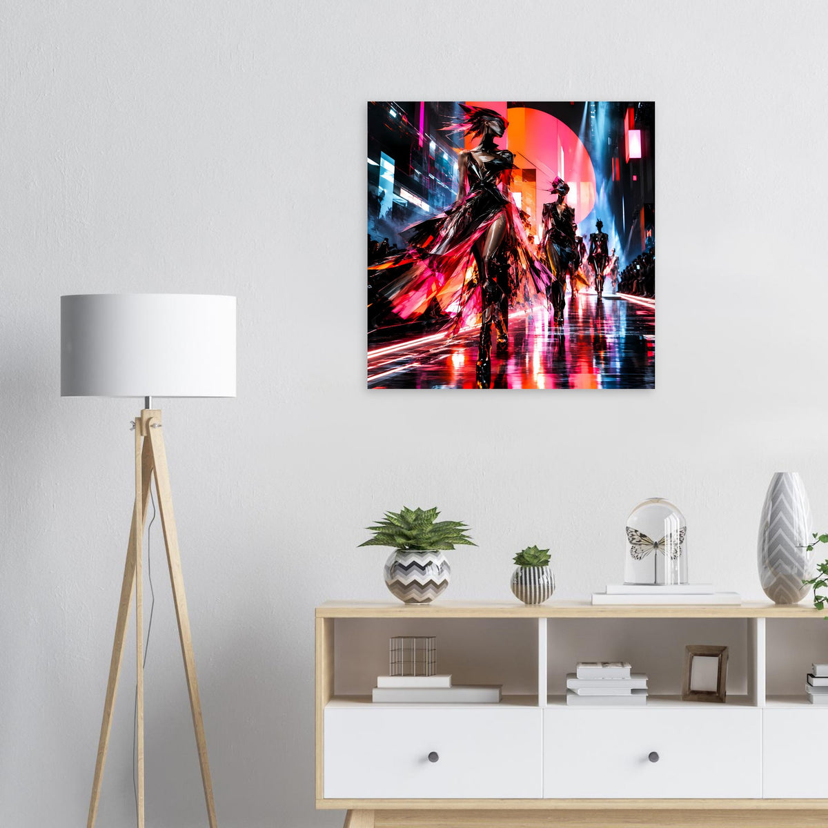 Futuristisches Neon-Fashion-Poster mit Laufsteg-Silhouetten, quadratisches Motiv