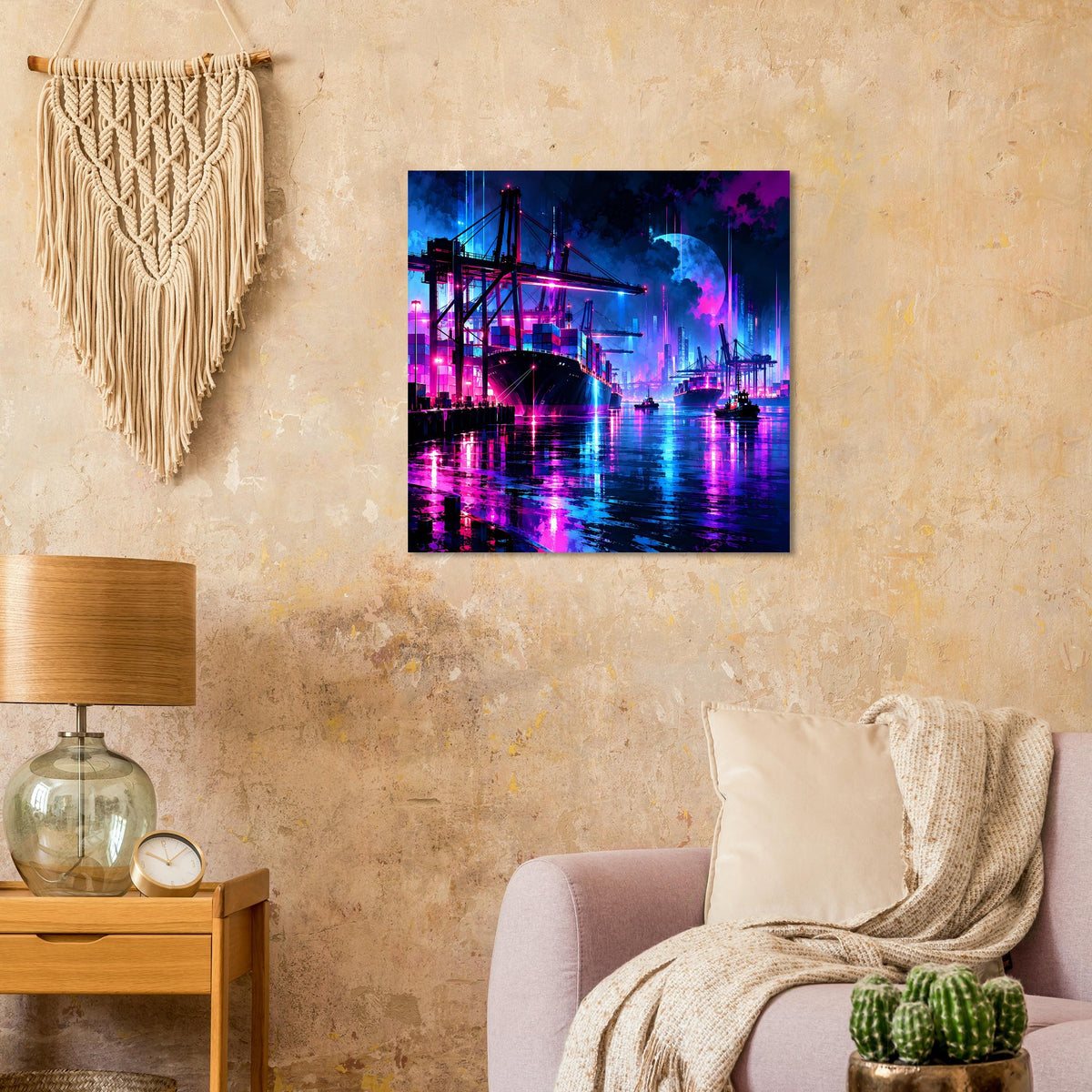 Neon-Hafenposter mit farbigen Lichtern, Hafenkran und Spiegelung im Wasser