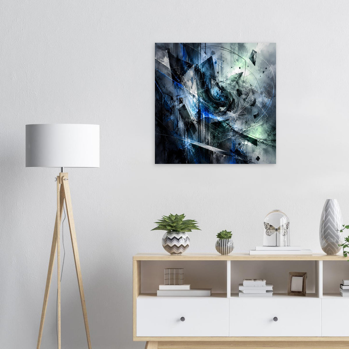 Abstraktes Kunstposter mit blau-grünem Design und schwarzen Akzenten, quadratisch