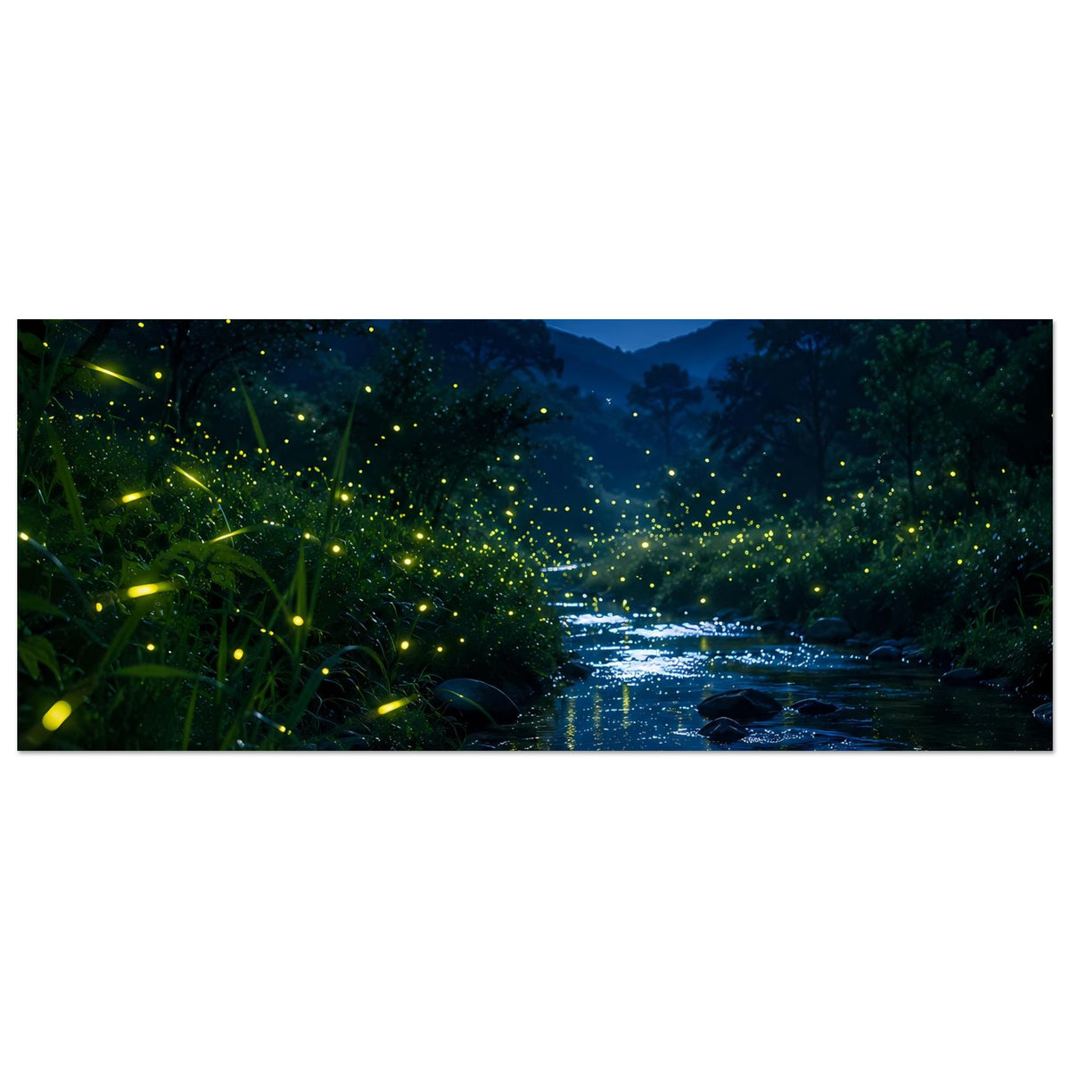 Horizontales Poster, Auschnitt mit Gras und Glühwürmchen am Fluss im Nachtwald