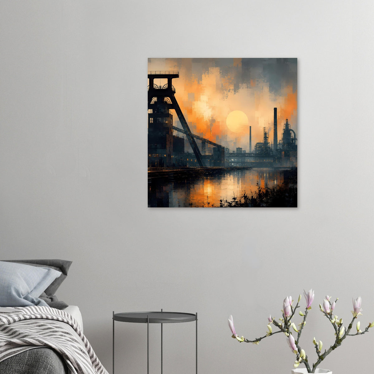 Industrielles Dämmerungs-Wandposter, kleines Hochformat mit Fabrikskyline und Sonnenkreis