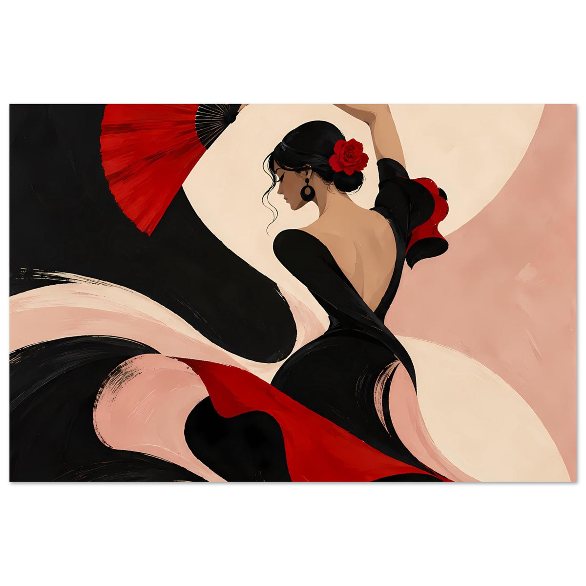 Poster: Flamenco-Tänzerin in Schwarz und Rot mit rotem Fächer, Kopf im Seitenprofil.
